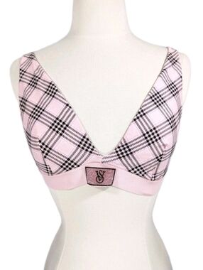 Victoria's Secret Wireless Bralette Large NEW Women Pink plaid cotton VS shine